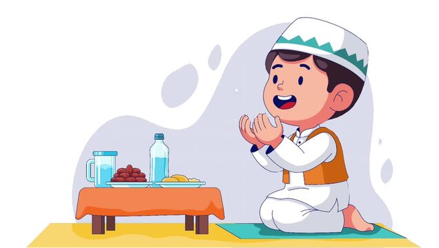 Animated Muslim Boy Praying Iftar bg food.