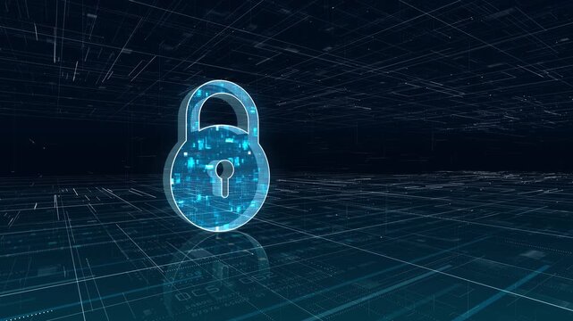 Motion graphic of digital security key icon glowing in futuristic data grid environment, symbolizing cybersecurity protection, encrypted access and secure technology systems for business use.