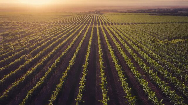 Vineyard rows at sunset with lush green grapevines and soil