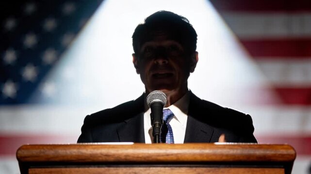 American senior senator speaking at podium with us flag backdrop
