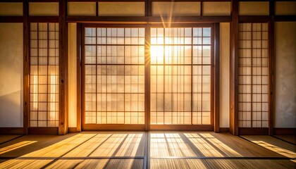 Sunlight streams through shoji doors in a tranquil, traditional room, casting warm light and elongated shadows