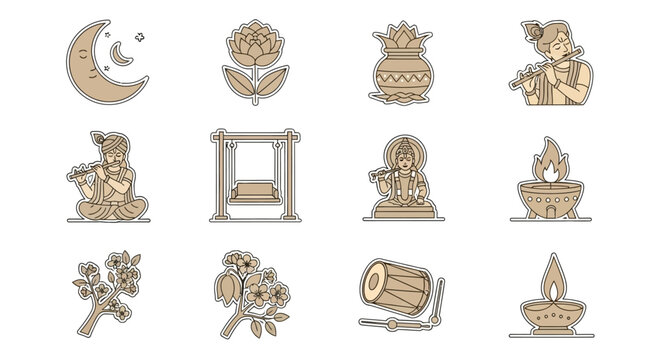 A collection of twelve monochromatic icons depicting various elements associated with Indian culture, festivals, and religious celebrations, including Krishna, flutes, lamps, and traditional symbols.