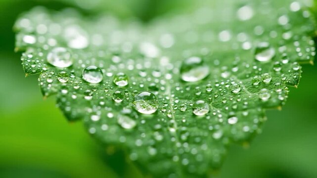 Close-up macro of a green leaf covered in many small, glistening water droplets