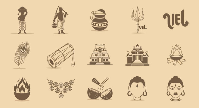 A collection of traditional Indian cultural and religious icons, including temples, deities, rituals, and traditional items, in a monochromatic style.