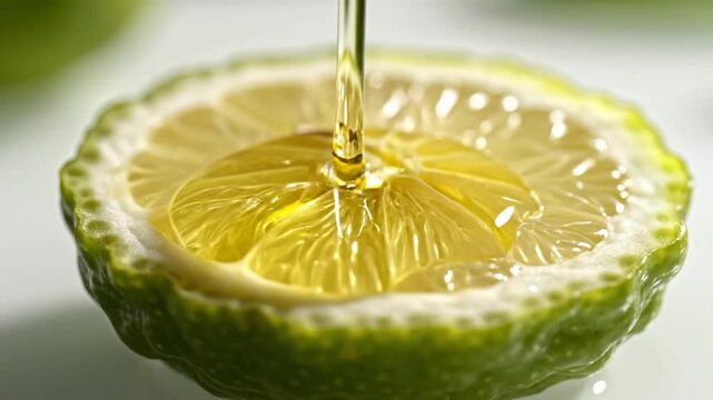 A clear liquid is poured onto a juicy, bright green citrus fruit slice