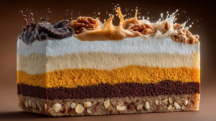 Layered cake section with nuts and fillings, splashes above, on a brown gradient background