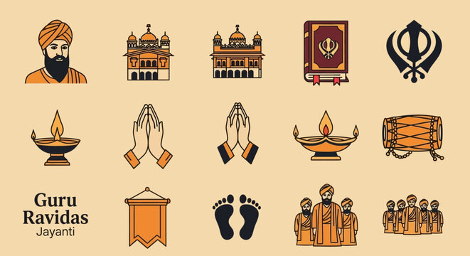 A collection of colorful icons representing Guru Ravidas Jayanti and Sikh religious symbols, including temples, holy books, lamps, and people.