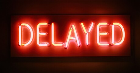 Obraz premium Bright neon sign spells DELAYED. Red glow illuminates dark background. Simple typography creates bold visual statement.