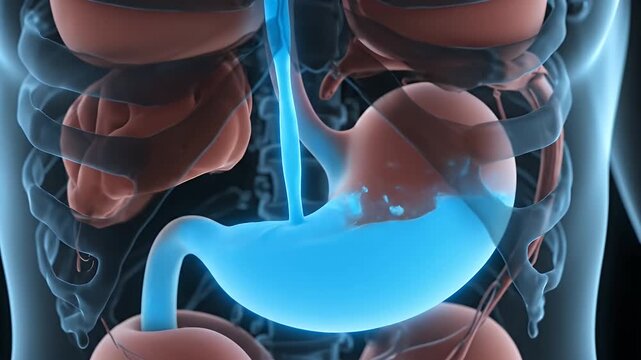 Transparent Torso with Blue Stomach Filling Up on White Background Visualization of Digestion and Anatomy for Medical