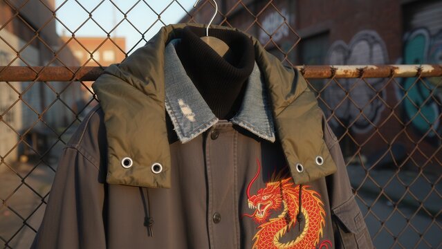 Vibrant dragon embroidered jacket hanging on a rusty urban fence with textured background