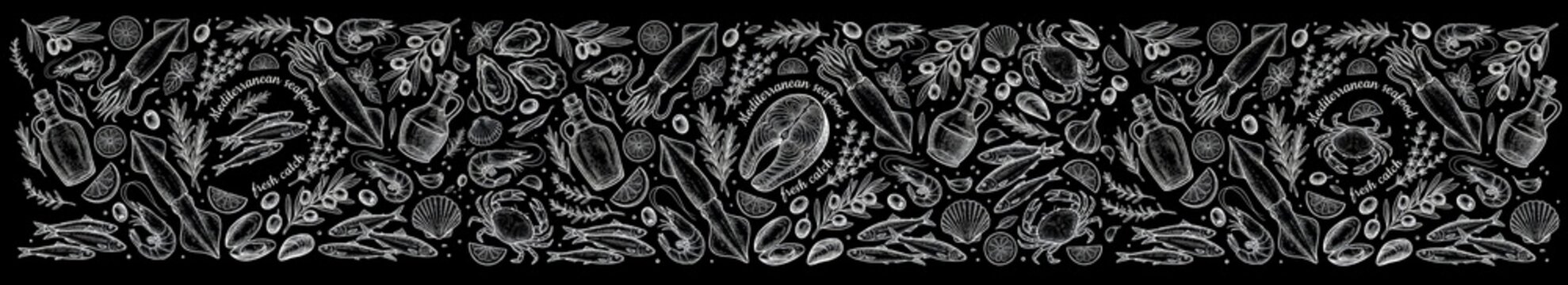 Chalkboard style panoramic seafood banner featuring hand drawn fish, crab, squid, shrimp, salmon steak, and olive oil on a black background