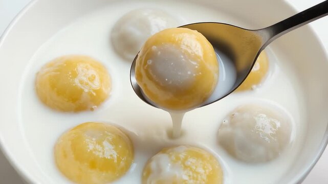 Spoon lifting golden glutinous rice balls in a bowl