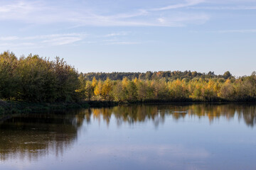 Obraz premium autumn river in sunny weather at sunset, deciduous trees on the riverbank before the fall of leaves, evening time before sunset