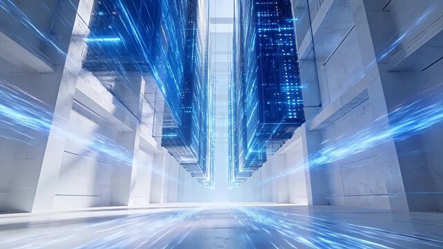 Futuristic concrete building interior with floating skyscrapers and blue lights