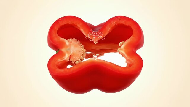 Vibrant Red Bell Pepper Half Section Showing Seeds Inside on Cream Background Close Up Food Still Life Against White