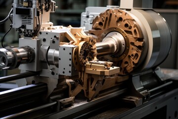 Modern cnc lathe machine precisely shaping a metal component in a factory setting, showcasing advanced manufacturing technology
