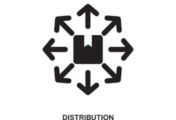 Fototapeta premium Black graphic icon of a cardboard box with multiple arrows pointing outwards, symbolizing distribution and logistics on a white background.