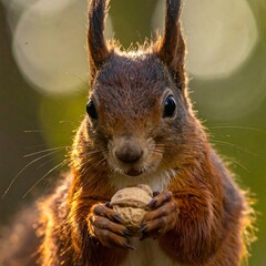 Squirrel portrait Red furred animal holds nut with small paws against a bokeh background, looking directly at viewer