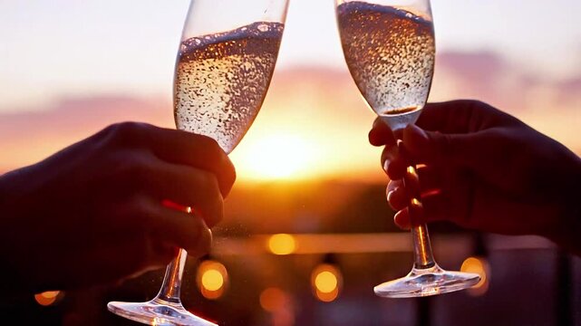 Cinematic slow-motion close-up of champagne flutes toasting at sunset, creating a splash of golden sparkling wine, symbolizing celebration and success