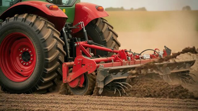 Tractor plowing a field with a red and green tractor