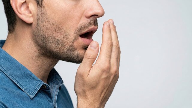 Side view of man checking for bad breath by breathing into hand to smell mouth odor