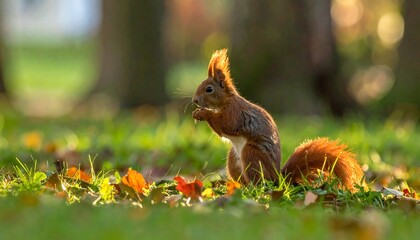 Squirrel sits in sunlit, grassy park, holding food. Orange fur and leaves visible