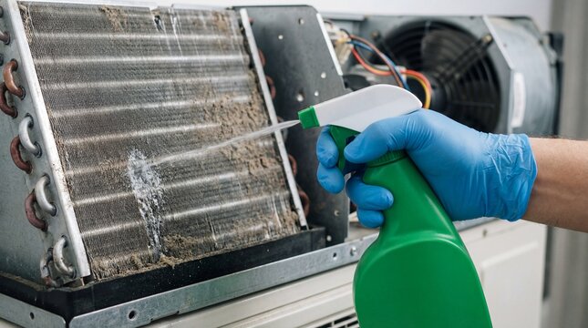 Hand wearing blue glove spraying cleaner on dusty evaporator coil in air conditioner maintenance, closeup cleaning action and repair scene