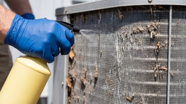Gloved hand spraying cleaning solution onto dirty outdoor air conditioner coil with trapped leaves and debris, maintenance action showing restoration and care