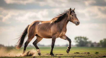 A horse galloping in a field with a dynamic pose, kicking up dust, under a partly cloudy sky.