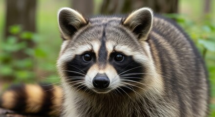 Obraz premium A raccoon in a forest setting, looking directly at the camera with a focused expression.