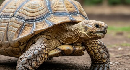 Obraz premium A close-up of a tortoise with detailed shell patterns and textured skin, set against a natural, blurred background.