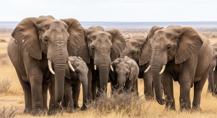 Fototapeta premium A herd of elephants in a savanna setting, with a focus on a young elephant in the center.