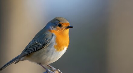 Fototapeta premium A close-up of a European Robin perched on a branch, with a blurred background highlighting the bird's vibrant plumage.