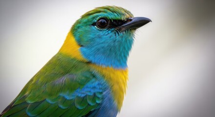 Fototapeta premium A vibrant bird with a mix of blue, green, and yellow plumage, standing alert with a focused gaze.
