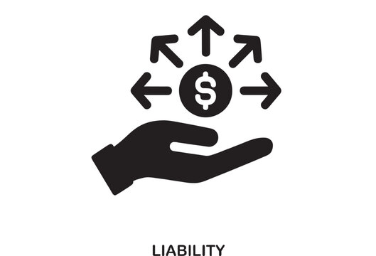Black outline icon of a hand holding a dollar coin with arrows pointing outwards, symbolizing financial distribution or liability, isolated on white.