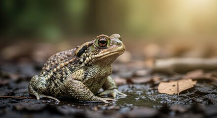 Fototapeta premium A frog in a natural, forested environment, sitting on the ground with a blurred background highlighting the animal.