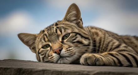Obraz premium A tabby cat resting on a stone surface with a blurred background of blue sky and clouds.