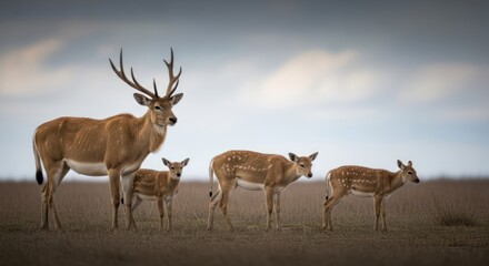 Obraz premium A group of deer standing in a grassy field with a cloudy sky in the background.
