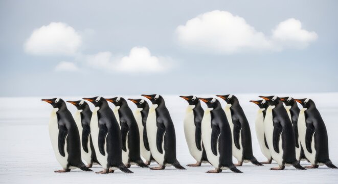 A group of penguins standing in a line on a snowy landscape with a cloudy sky in the background.