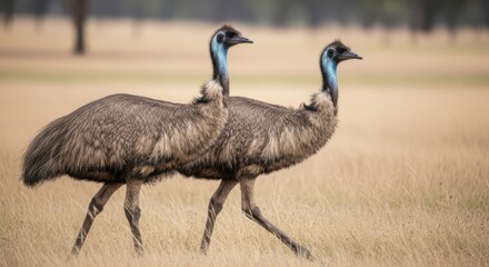 Obraz premium Two emus walking in a grassy field with trees in the background.