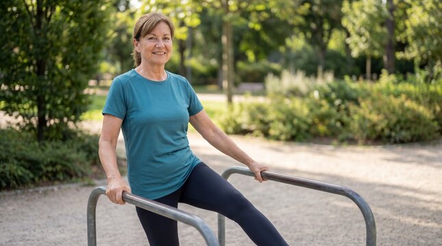 Smiling middle aged woman exercising on outdoor parallel bars in sunny park, healthy active lifestyle and calm expression