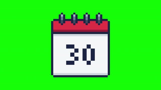 Calendar Date 30 (Thirty) Pixel Popup Animation Prores Alpha Channel 4K 60fps