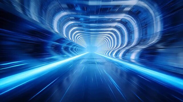 Blue sci-fi tunnel with multiple glowing rings creating high-speed motion