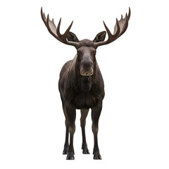 Majestic brown moose with large antlers standing isolated on transparent background png cutout