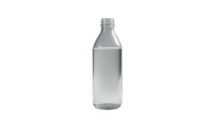 Clear glass beverage bottle containing purified drinking water showing subtle reflections and a threaded screw top on transparent background