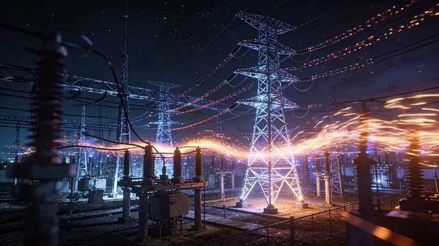 Night power transmission lines with blue and orange light trails