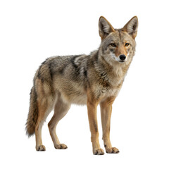 Fototapeta premium Wild gray wolf standing alert side view portrait with fur details isolated on transparent background