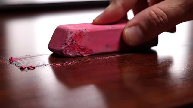 A hand holding a pink chalk and erasing on a dark wooden surface with pencil shavings scattered around in a close-up view