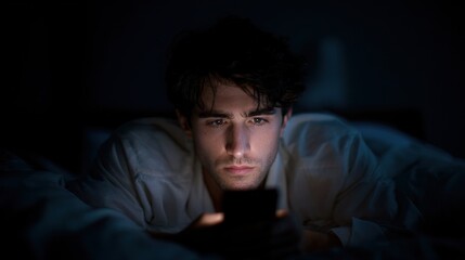 Obraz premium A contemplative young man gazes at his smartphone in a dark room, illuminated only by the screen's light, creating a moody atmosphere.