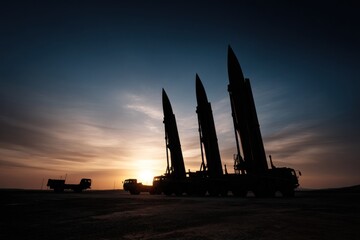 A striking silhouette of three missiles against a dramatic sunset, showcasing military technology and power.